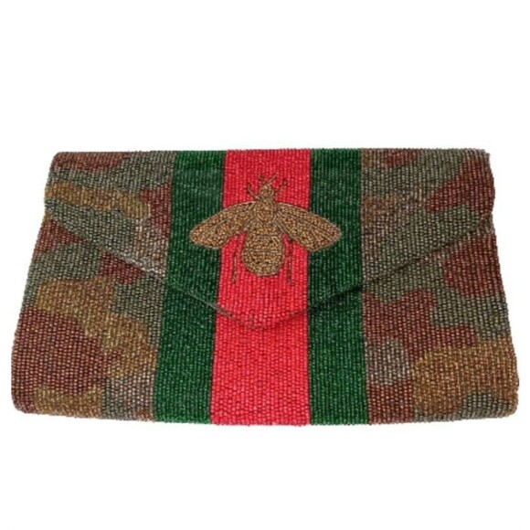 Tiana Beaded Bee Clutch Gold Red Green Stripe Camo Design  Snap Closure 10" x 6" - Picture 1 of 15
